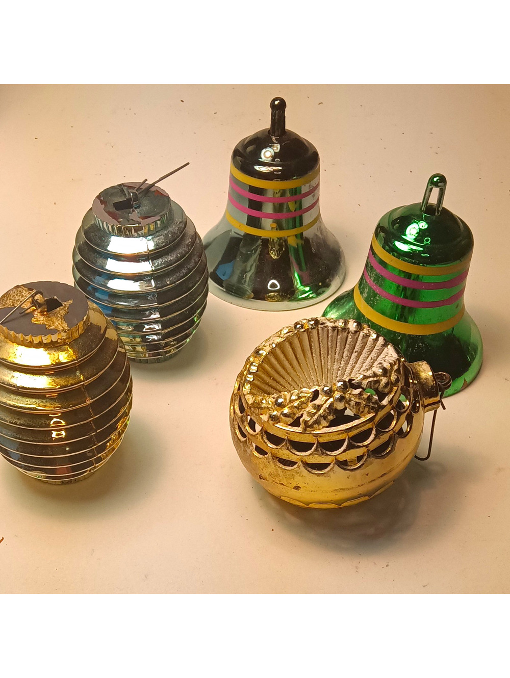 Vtg Bradford Plastic Christmas Ornaments Lot 5 MCM Barrel Lanterns Striped Bells